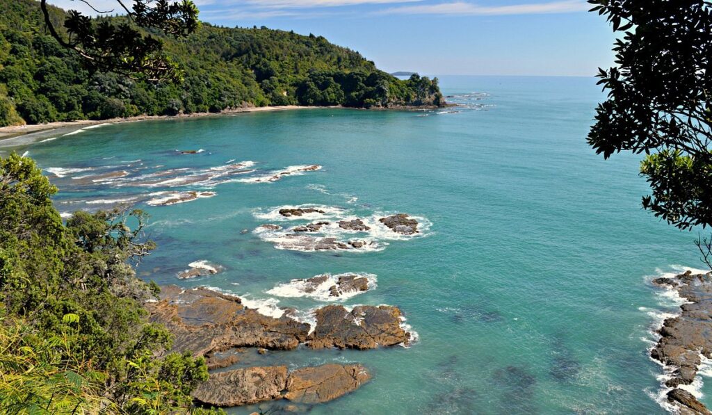 aerial view of turquoise bay and cliffs in Whakatāne