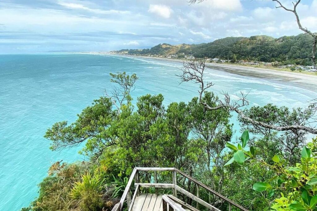 wooden lookout platform overlooking coastal bay